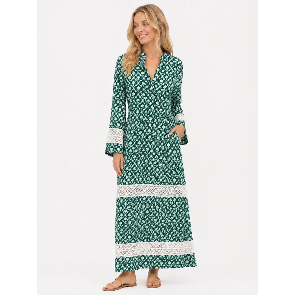 Julia Amory The Majorelle Caftan Green Floral White Lace XS